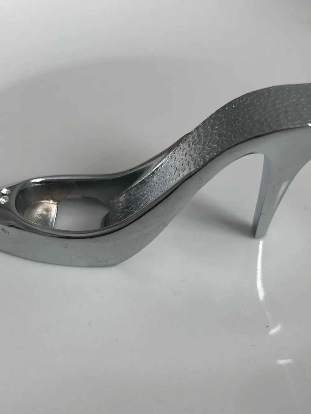 VNTG Silver Tone High Heel Shoe Bottle Opener Rhinestone Accents Cinderella Gift